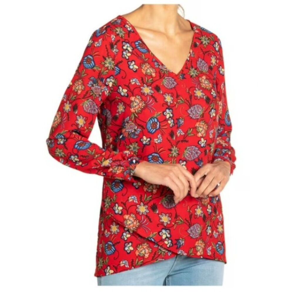 Chelsea & Theodore Red Floral Split-Neck Tunic Blouse - Size XL